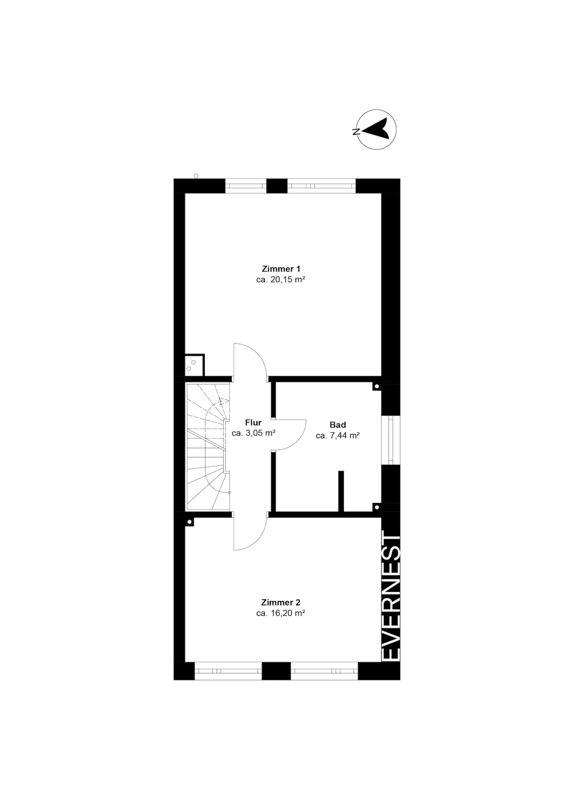 Grundriss mit zwei Zimmern, Bad und Flur. Zimmer sind jeweils beschriftet mit Quadratmetern.