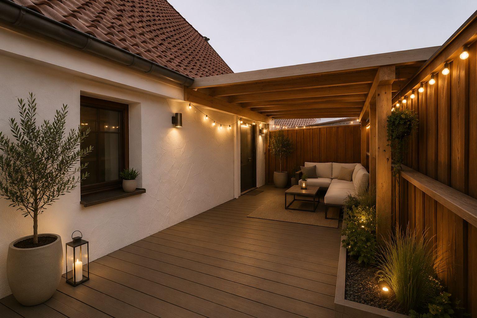 Überdachte Terrasse mit Lichterkette, Sofa, Pflanzen und Holzwand am Abend.