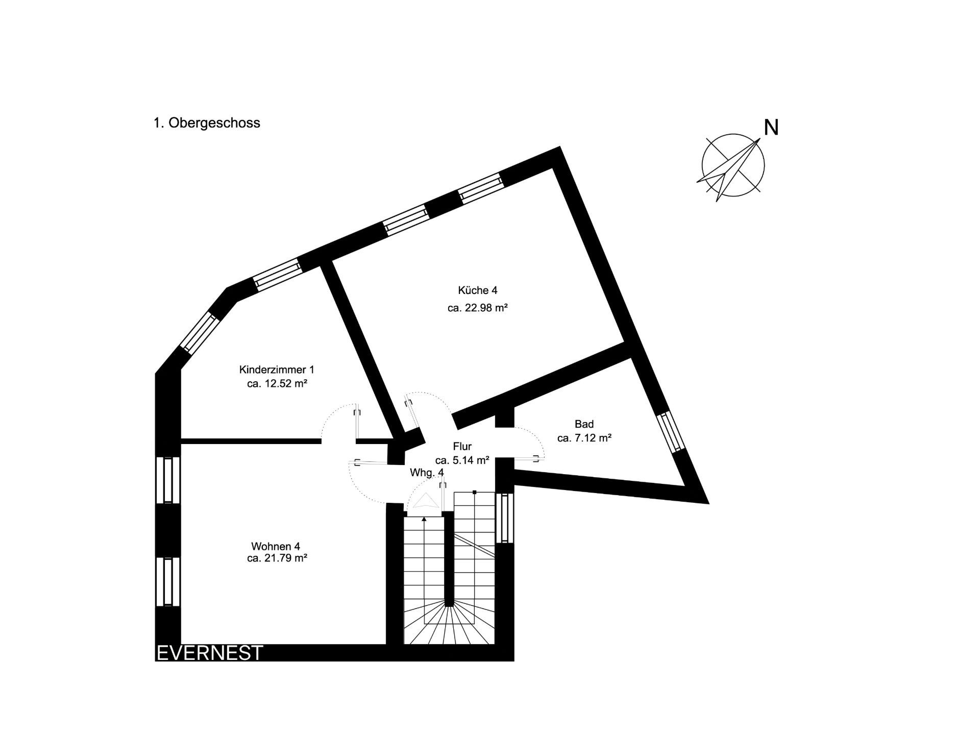 Grundriss des ersten Obergeschosses mit Küche, Bad, Wohnzimmer, Kinderzimmer und Flur.