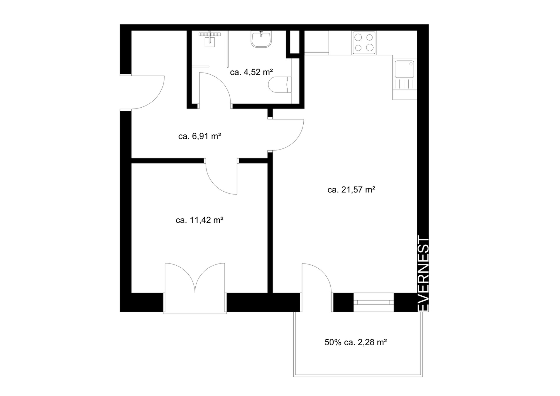 Grundriss einer Wohnung mit vier klar abgegrenzten Räumen und einem kleinen Balkon.
