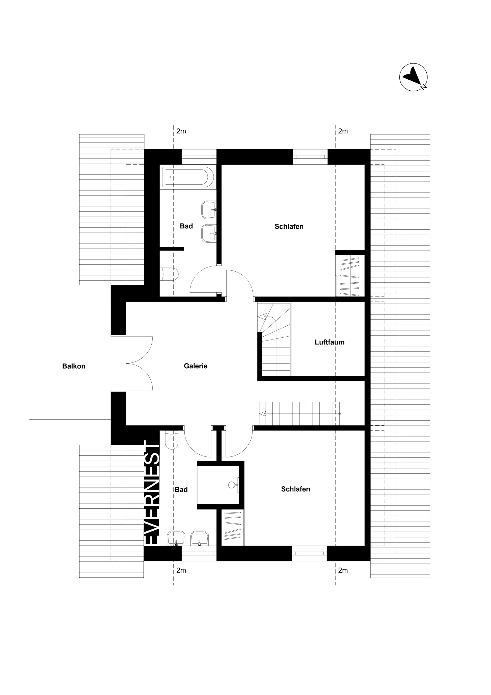 Grundriss mit zwei Schlafzimmern, zwei Bädern, Galerie, Luftraum und Balkon.