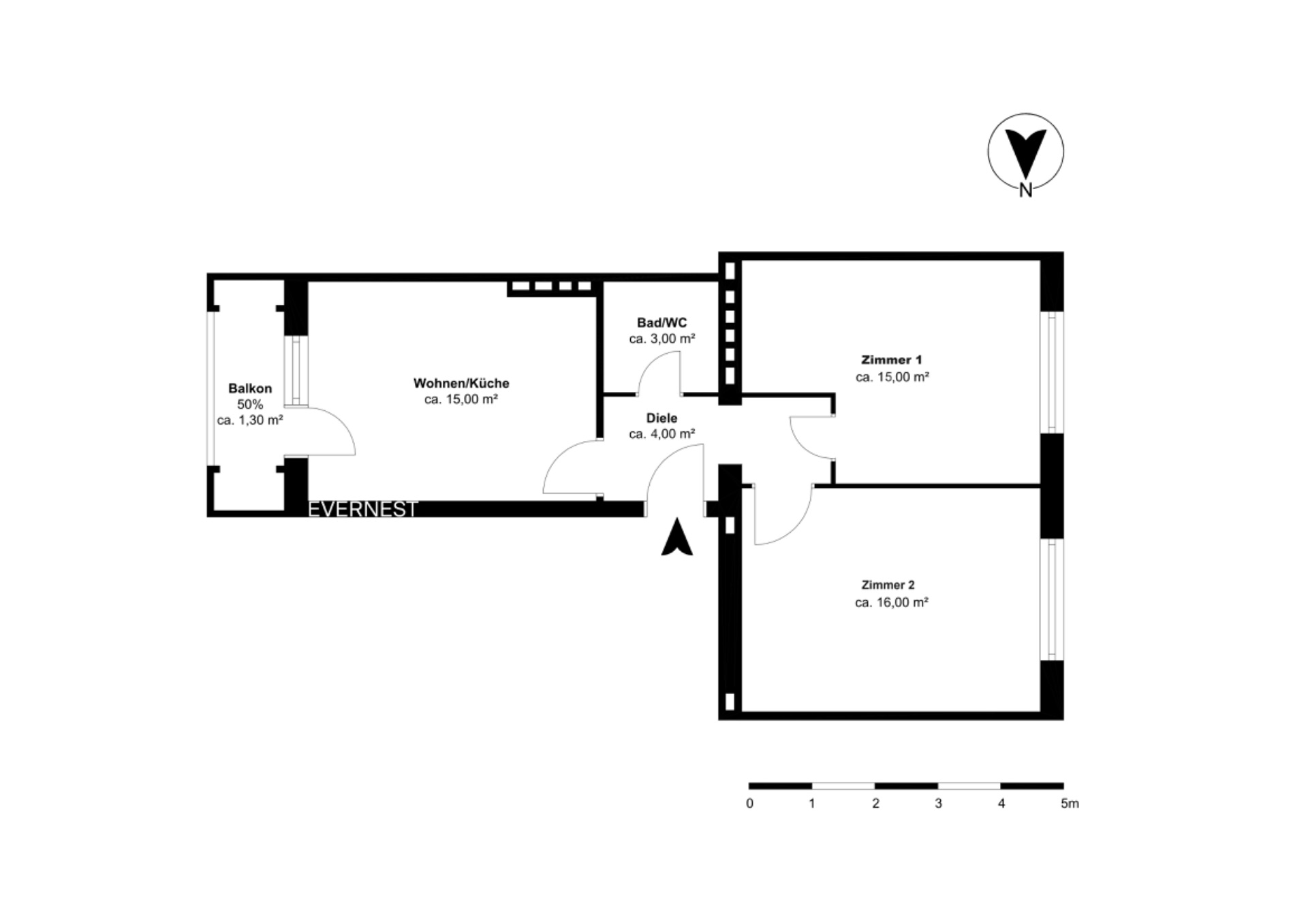 Wohnungsgrundriss mit zwei Zimmern, Wohnzimmer/Küche, Bad, Flur und Balkon.