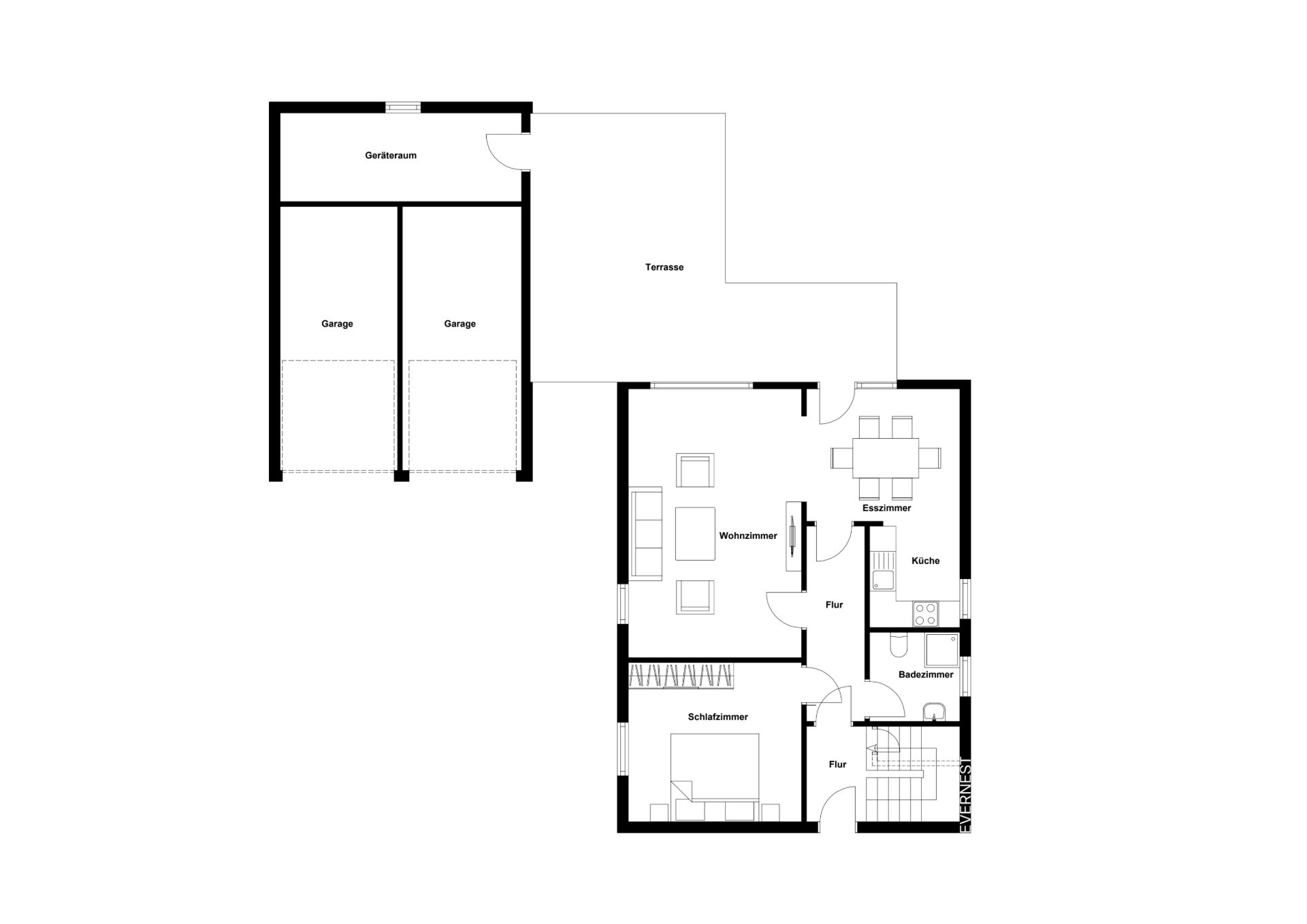 Grundriss mit Wohnzimmer, Esszimmer, Küche, Schlafzimmer, Bad, Flur, Terrasse und Doppelgarage.