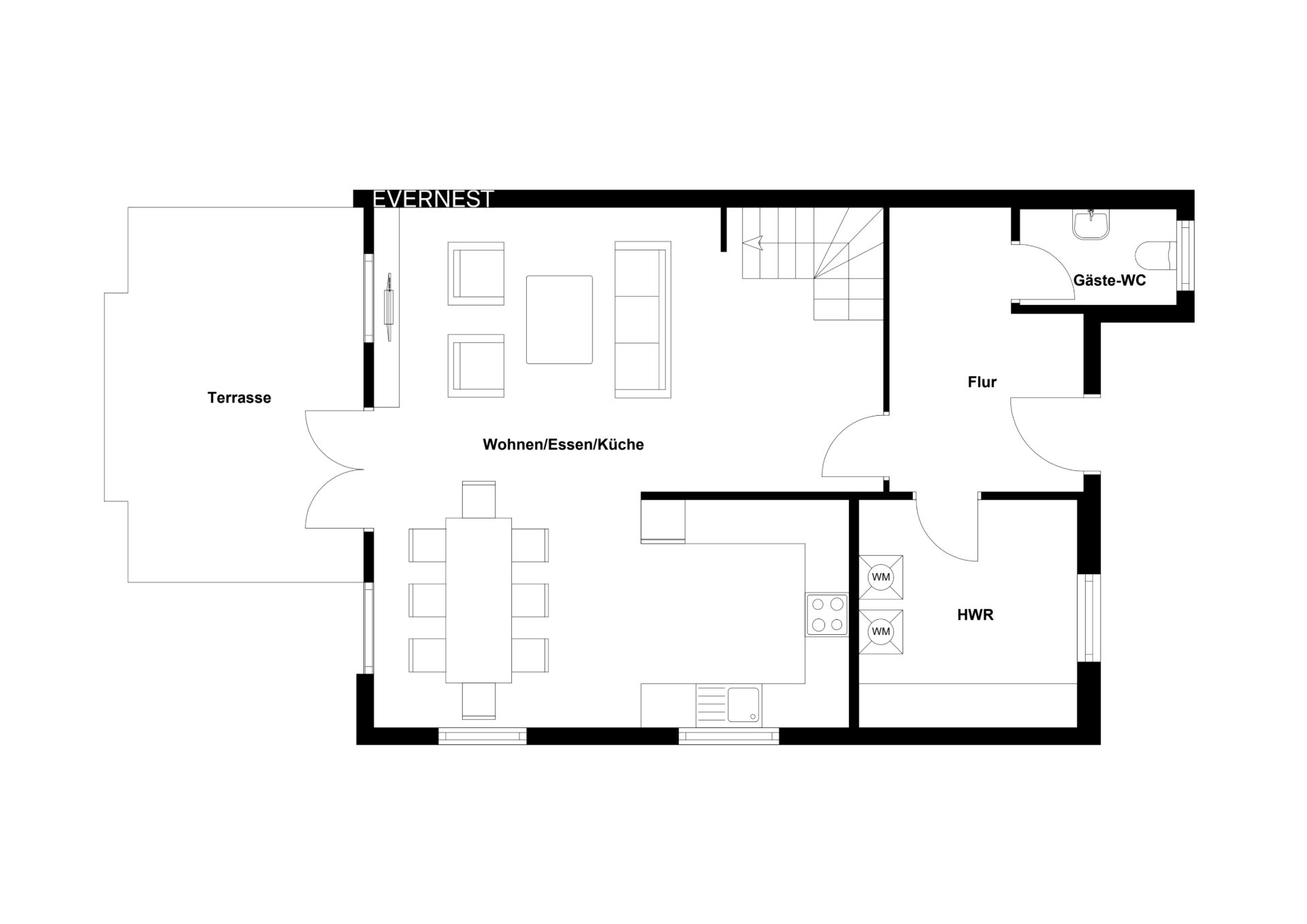Grundriss eines Wohnbereichs mit Terrasse, Küche, Essbereich, Gäste-WC und Hauswirtschaftsraum.