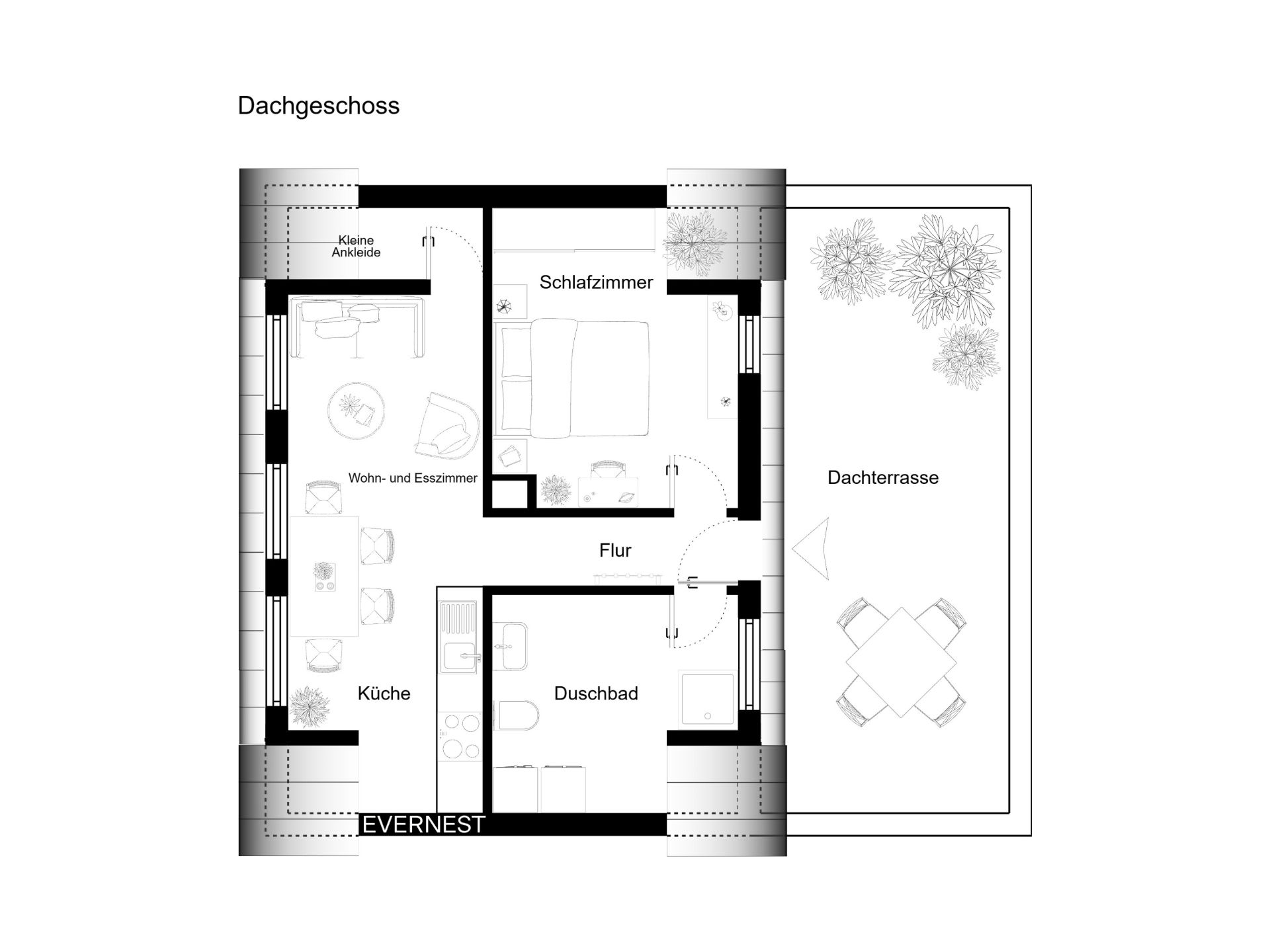 Grundriss eines Dachgeschosses mit Schlafzimmer, Bad, Küche, Wohnbereich und Dachterrasse.