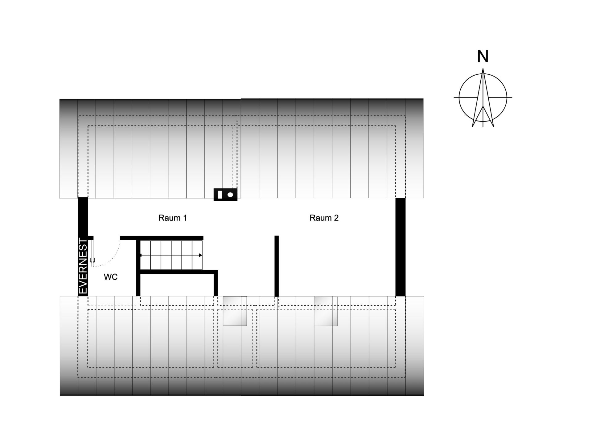 Grundriss mit zwei Räumen, Treppe und WC, Norden ist oben markiert.