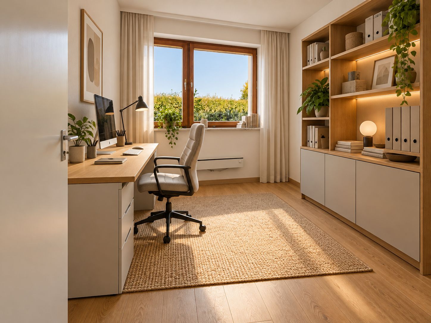 Helles Arbeitszimmer mit Schreibtisch, Bürostuhl, Regal, Teppich und großem Fenster mit Blick ins Grüne.