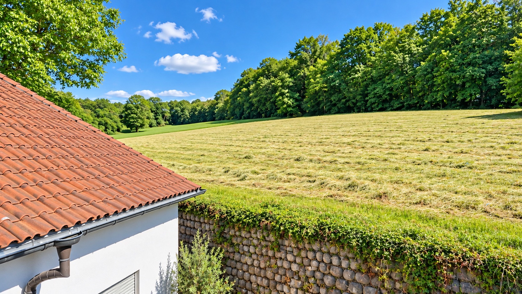 Blick auf ein Hausdach, eine Steinmauer und eine Wiese mit Bäumen im Hintergrund.