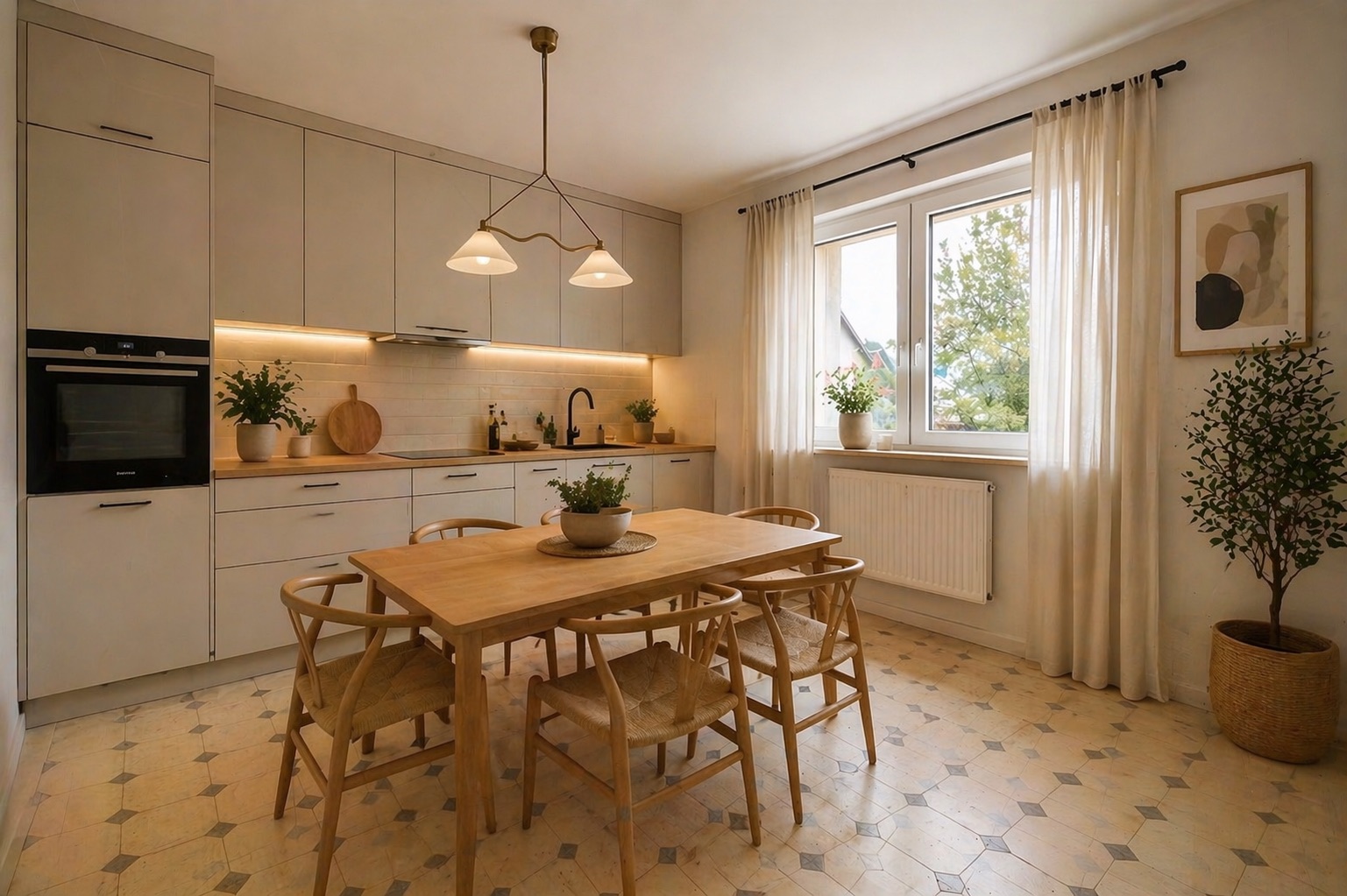 Helle Küche mit Esstisch, sechs Stühlen, großen Fenstern und Pflanzen auf Boden und Fensterbank.