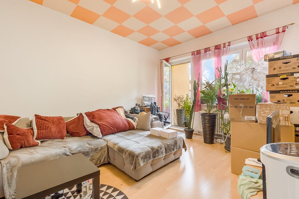 Wohnzimmer mit Sofa, vielen Pflanzen, Umzugskartons und rot-weiß kariertem Deckendesign.
