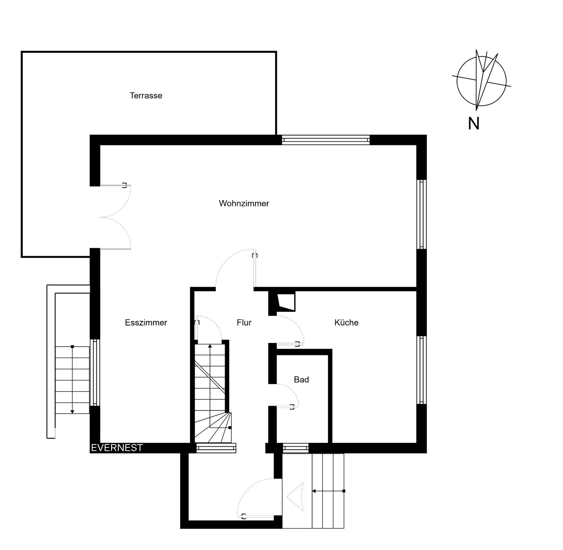Grundriss einer Wohnung mit Wohnzimmer, Esszimmer, Küche, Bad, Flur und Terrasse.