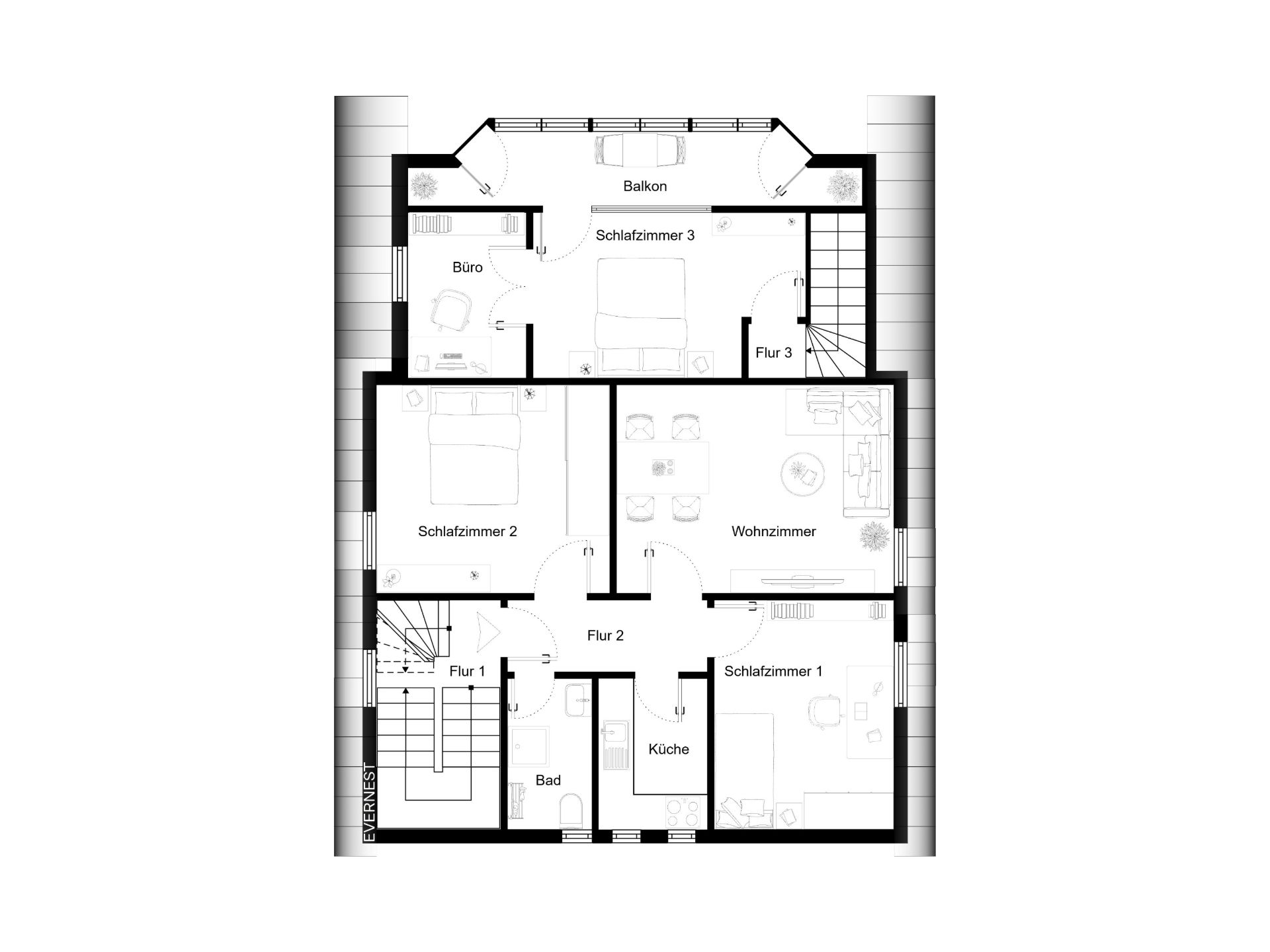 Grundriss einer Wohnung mit drei Schlafzimmern, Büro, Wohnzimmer, Küche, Bad und Balkon.