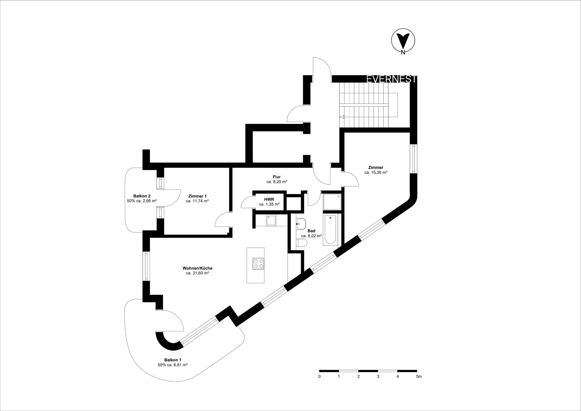 Grundriss einer Wohnung mit zwei Zimmern, Küche, Bad, Flur und zwei Balkonen.