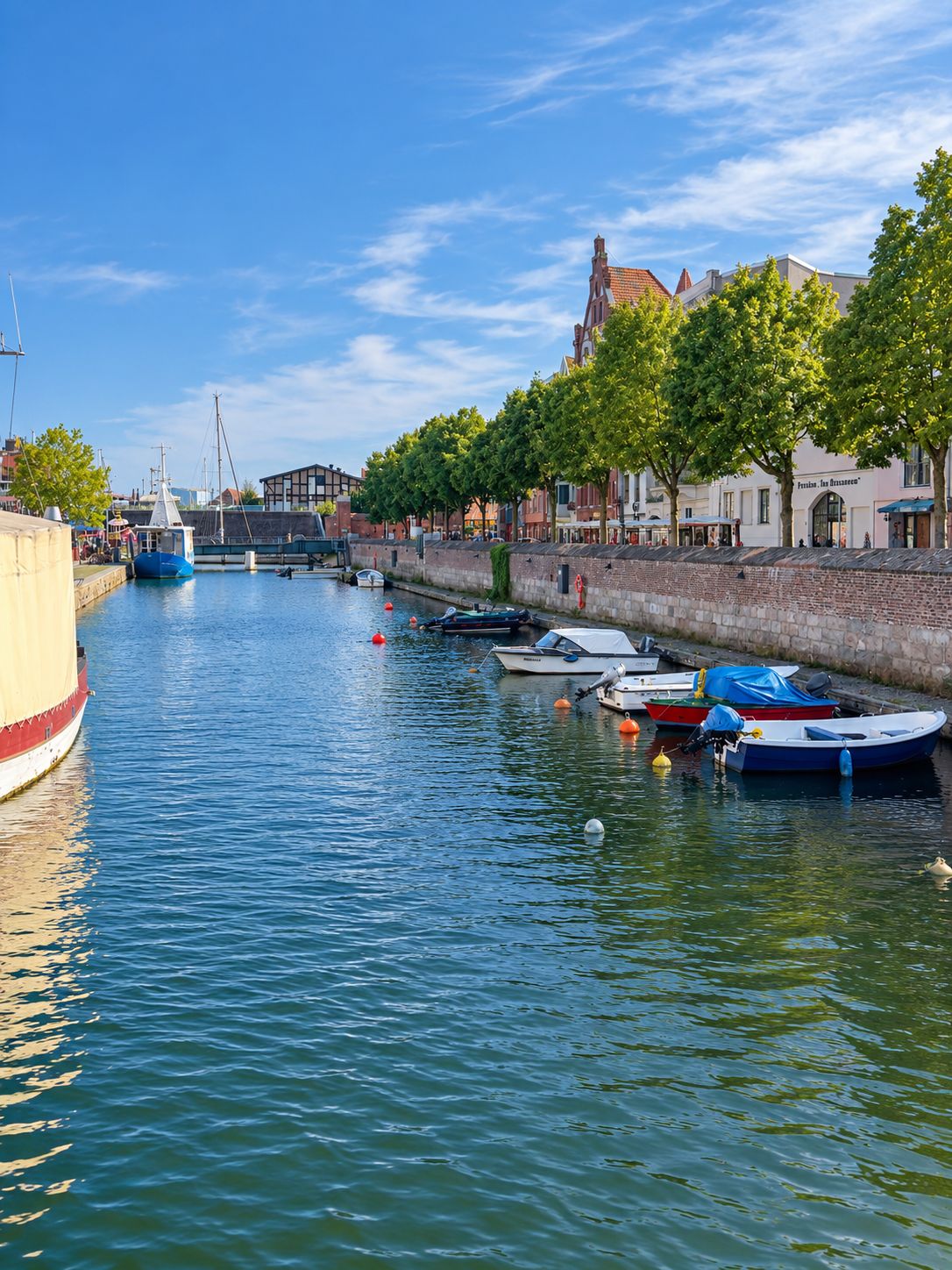 Boote liegen an einem ruhigen Kanal, gesäumt von Bäumen und Häusern unter blauem Himmel.