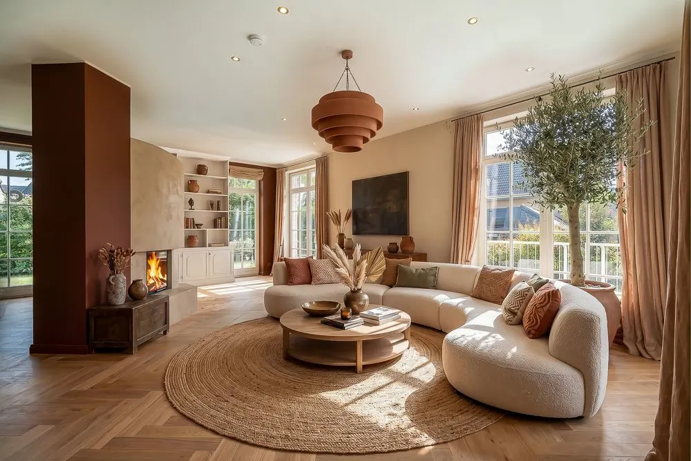 Helles Wohnzimmer mit runder Sofa, Kamin, großem Fenster und rundem Teppich.