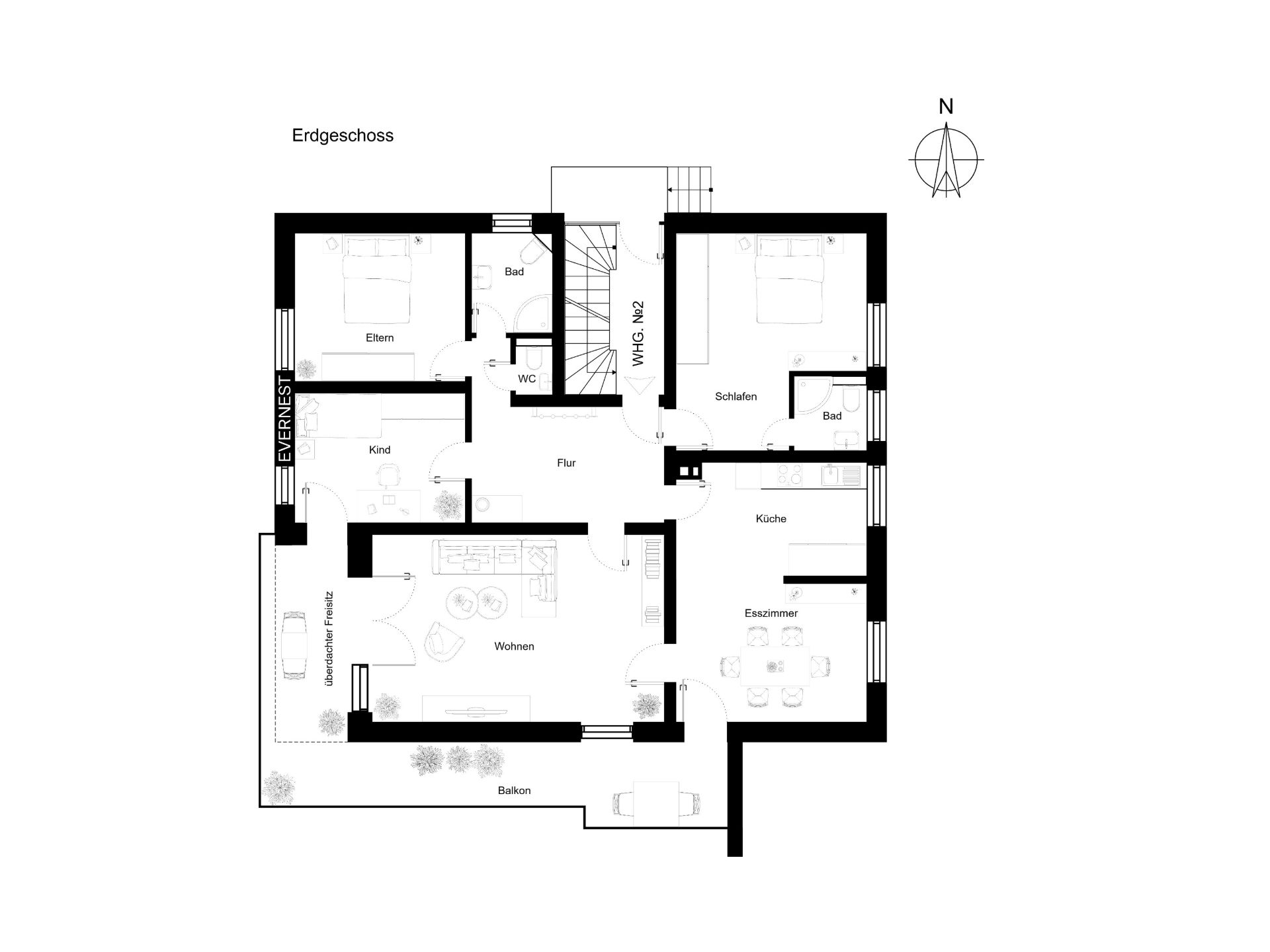 Grundriss des Erdgeschosses mit Schlafzimmern, Wohnzimmer, Küche, Esszimmer, Bädern und Balkon.
