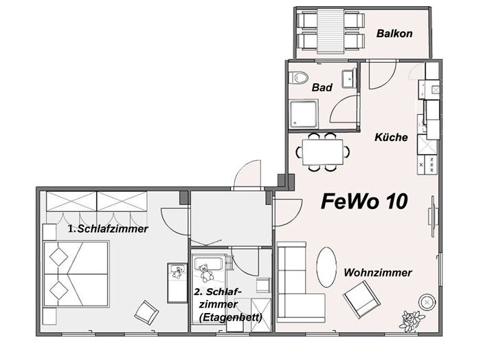 Grundriss einer Wohnung mit zwei Schlafzimmern, Wohnzimmer, Küche, Bad und Balkon.