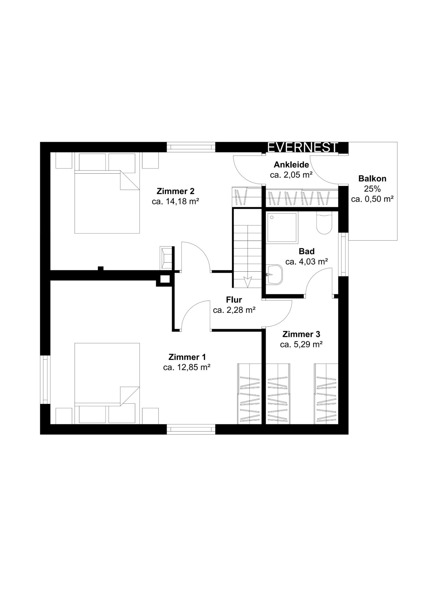 Grundriss mit drei Zimmern, Bad, Ankleide, Flur und kleinem Balkon.