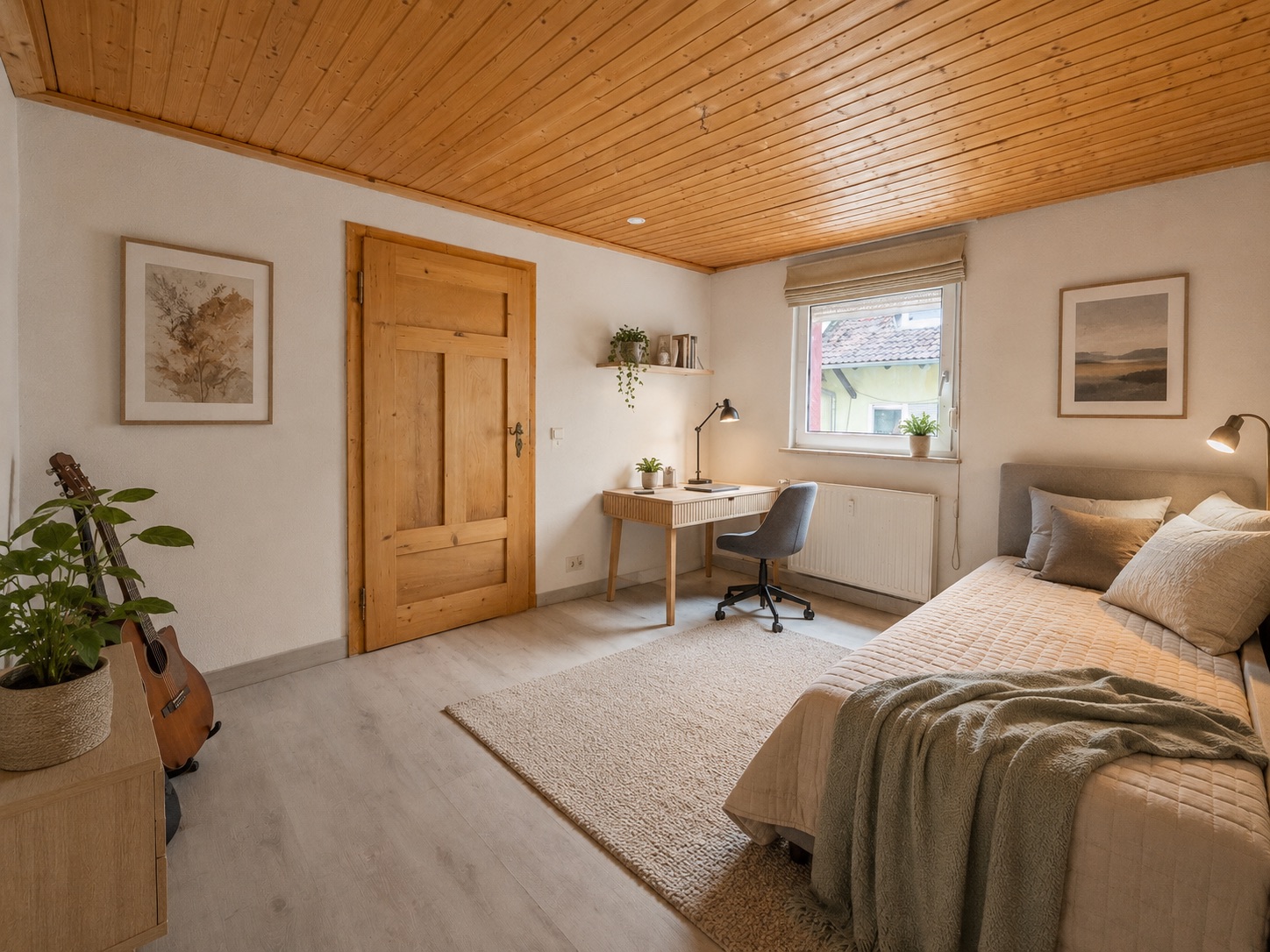 Helles Schlafzimmer mit Holzbett, Schreibtisch, Pflanze, Gitarre und großem Fenster.