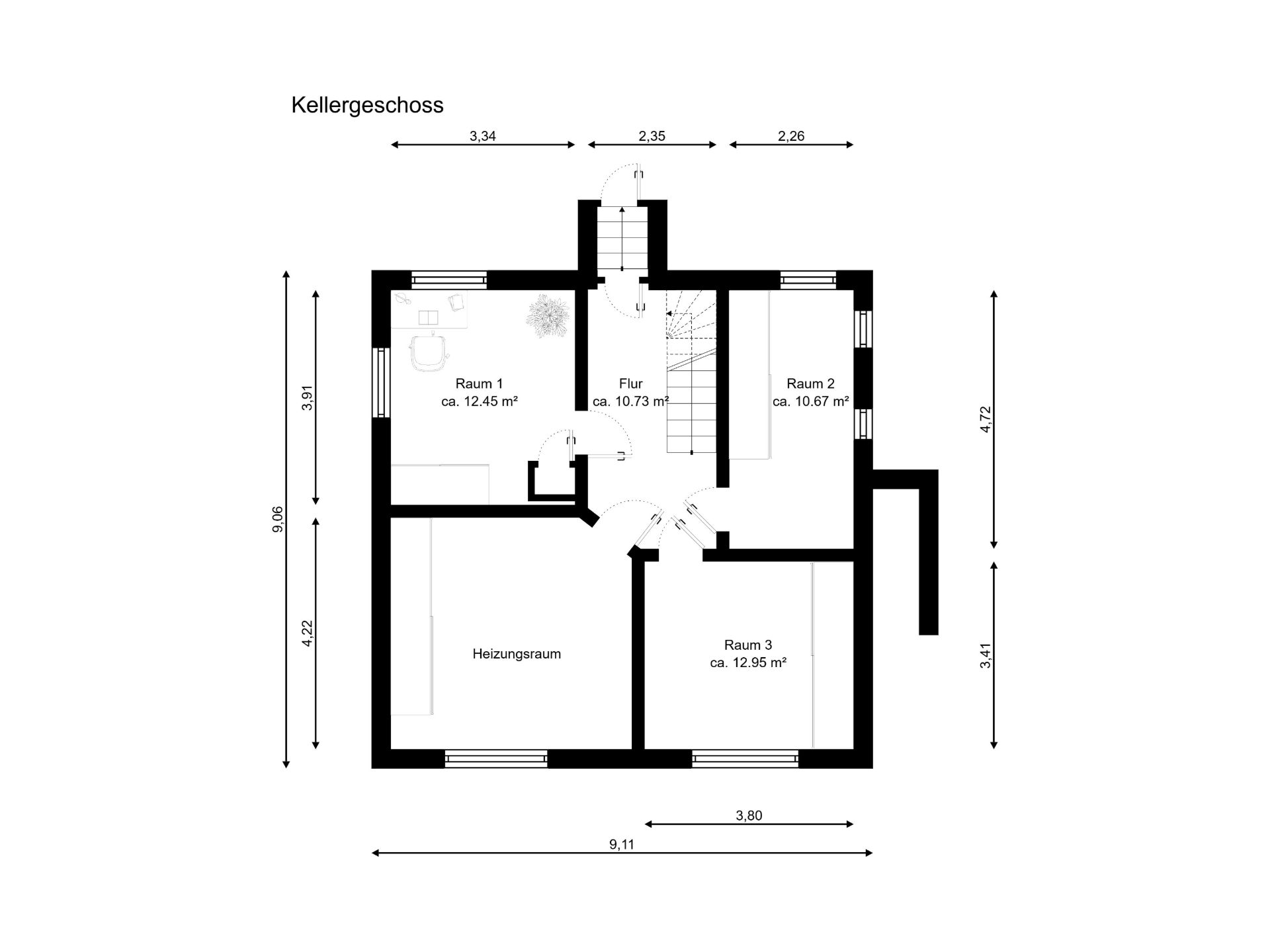 Grundriss des Kellergeschosses mit Flur, drei Räumen und Heizungsraum.