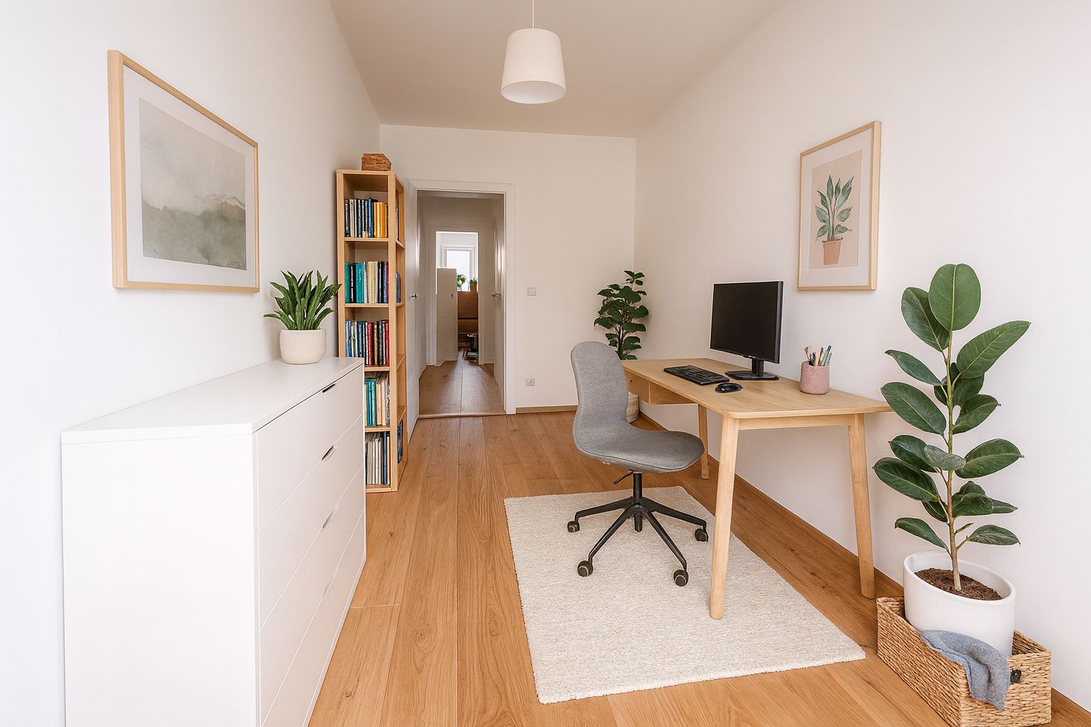 Helles Arbeitszimmer mit Schreibtisch, Stuhl, Computer, Regal, Pflanzen und Bildern an den Wänden.