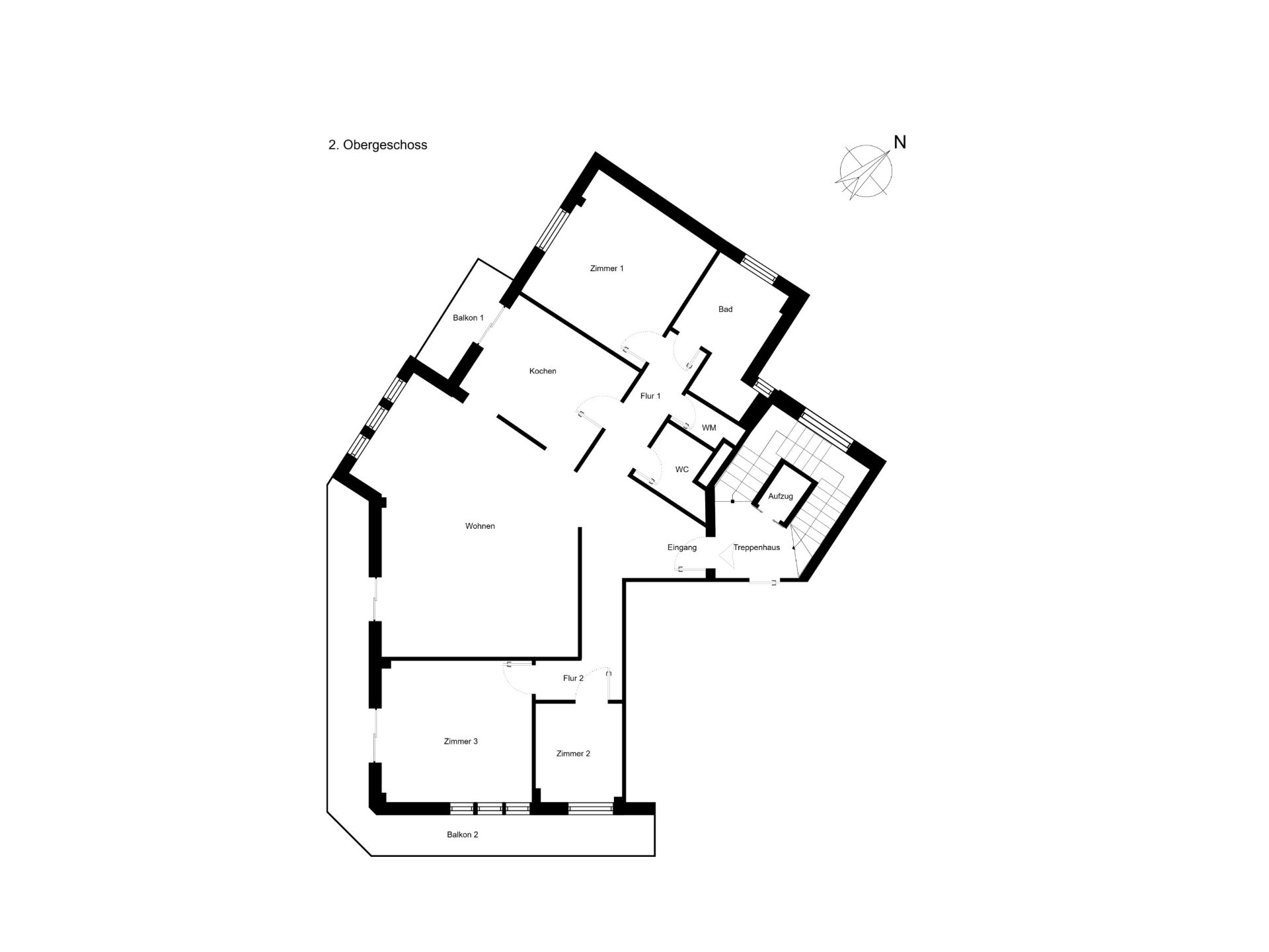 Grundriss einer Wohnung mit mehreren Zimmern, Küche, Bad, WC und zwei Balkonen.