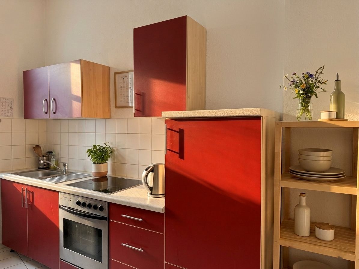 Moderne Küche mit roten Schränken, Herd, Spüle, Holzregal und Topfpflanze.