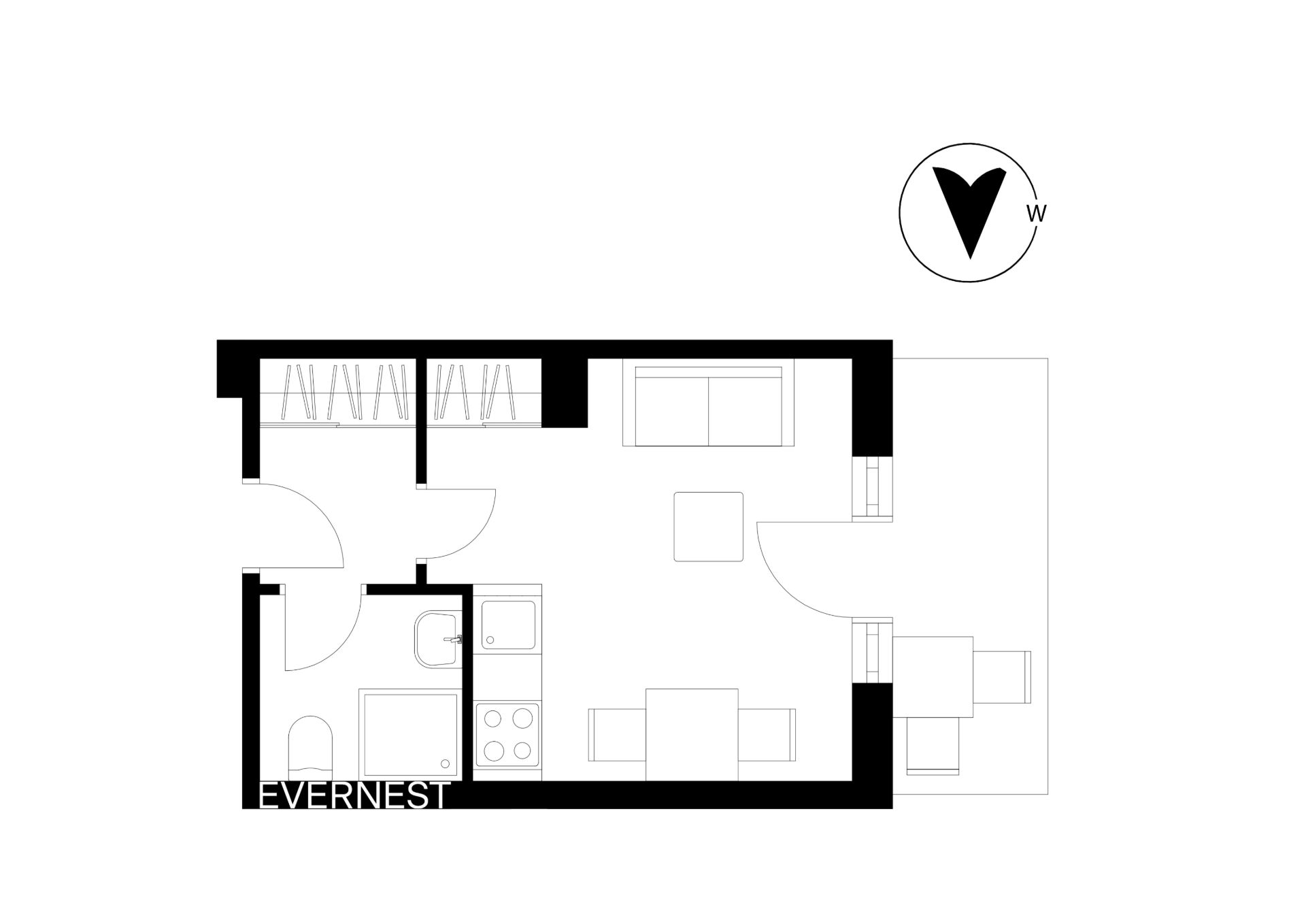 Grundriss einer Wohnung mit Wohnbereich, Küche, Bad, Schrankwand und Balkon.