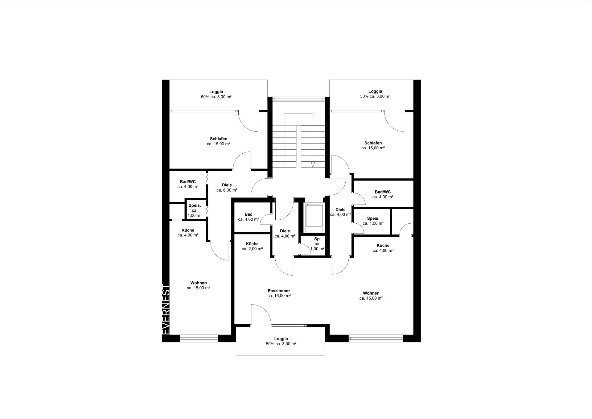Grundriss einer Wohnung mit Schlaf-, Wohn-, Esszimmer, Küche, Bad und Loggia.