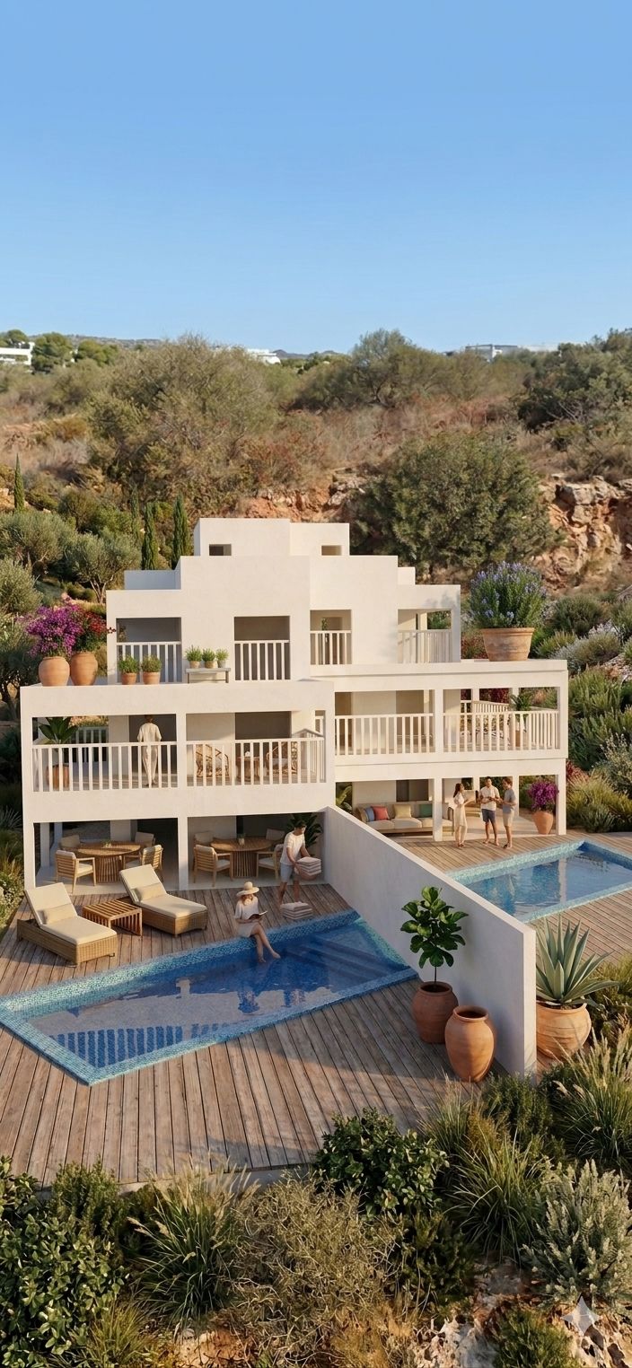 Modernes weißes Wohnhaus mit mehreren Balkonen, Holzterrasse und Pool, umgeben von mediterranen Pflanzen.
