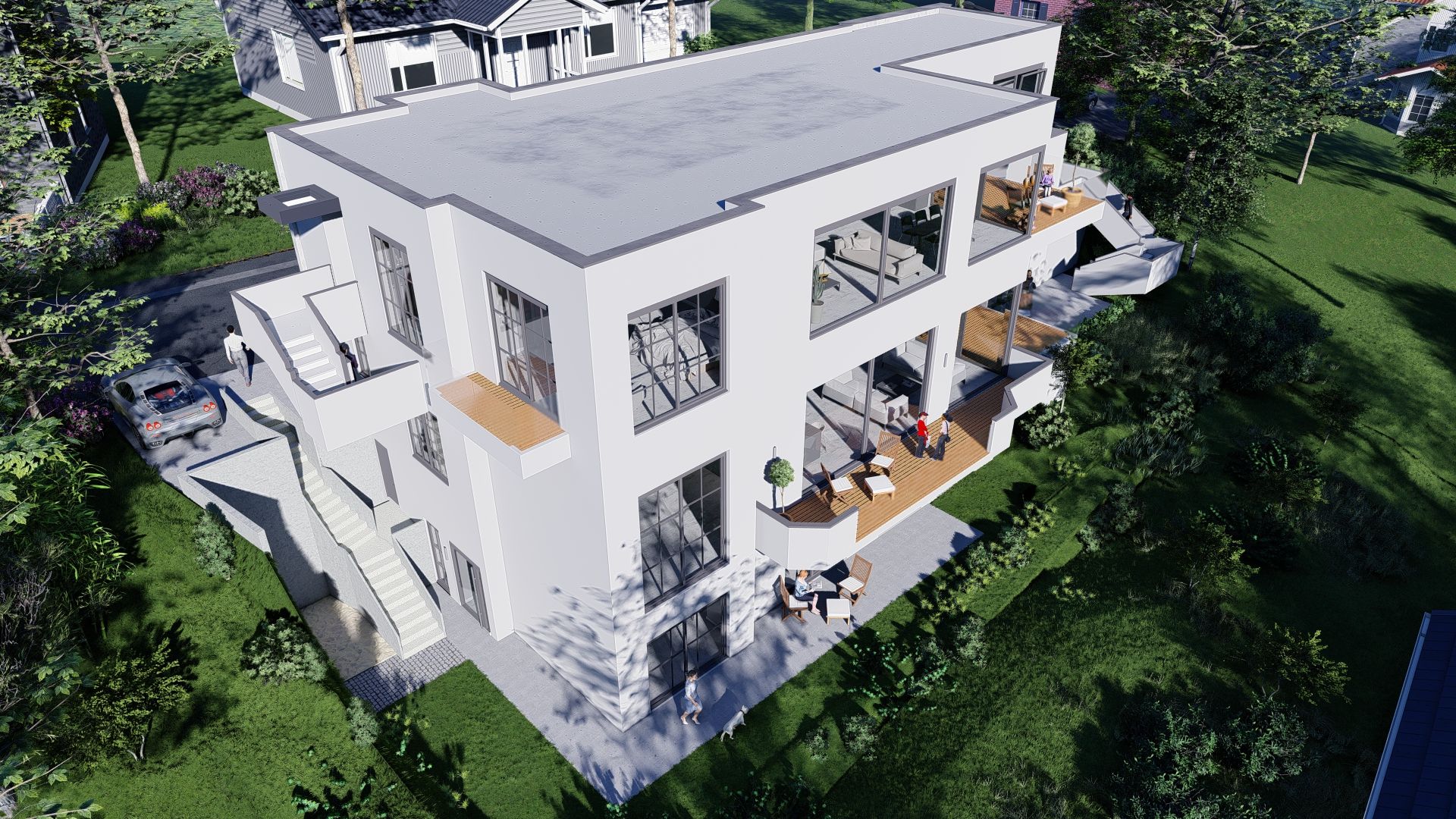 Modernes, weißes Wohnhaus mit großen Fenstern, Balkonen und Terrasse, umgeben von viel Grün.