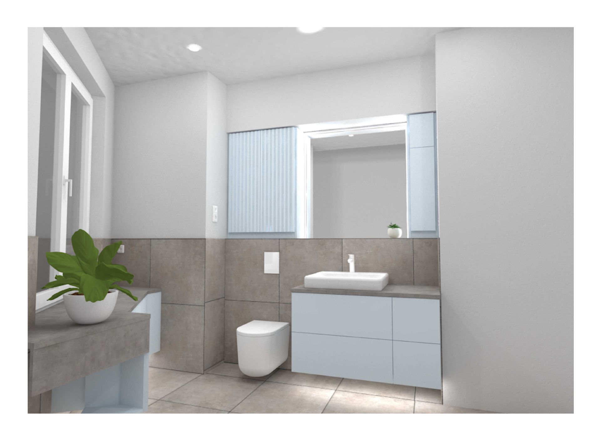 Modernes Badezimmer mit Waschbecken, Toilette, Spiegel und einer Pflanze auf der Fensterbank.