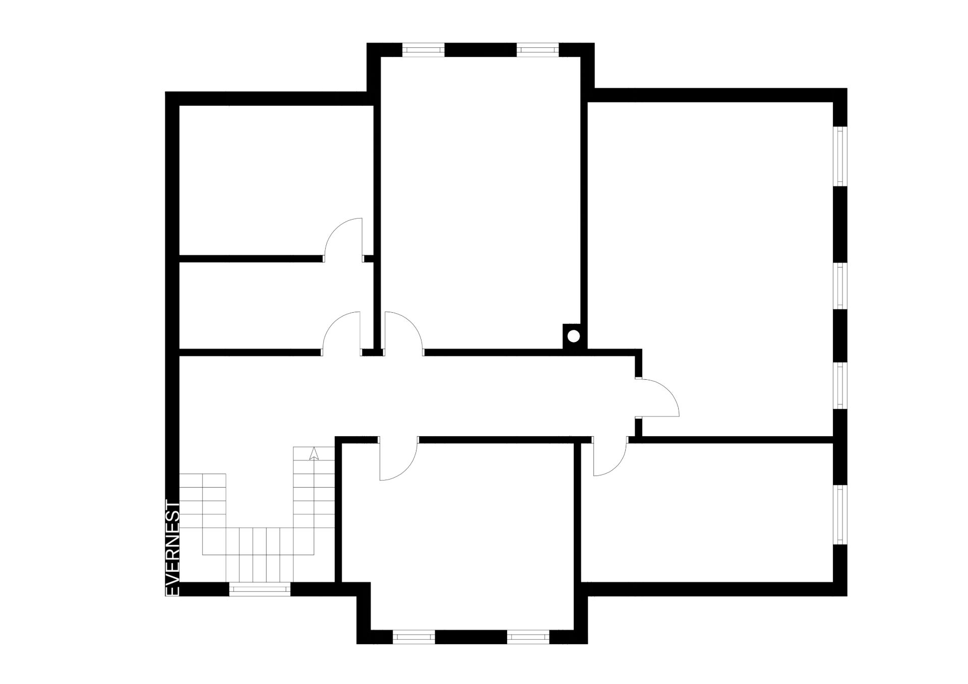 Grundriss eines Hauses mit mehreren Zimmern und einem Treppenhaus links unten.