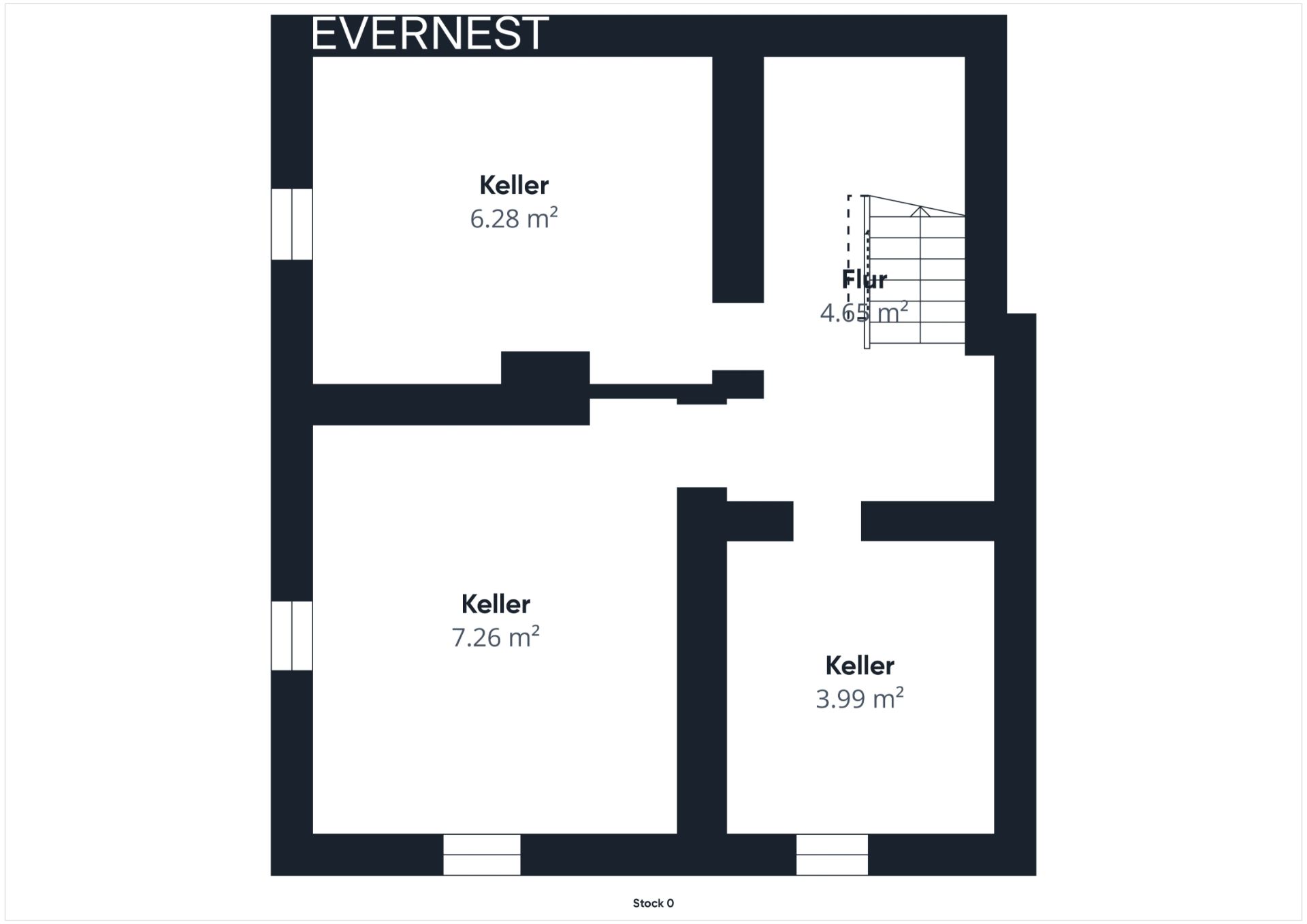 Grundriss eines Kellers mit drei Räumen und einem Flur, Flächenangaben in Quadratmetern.