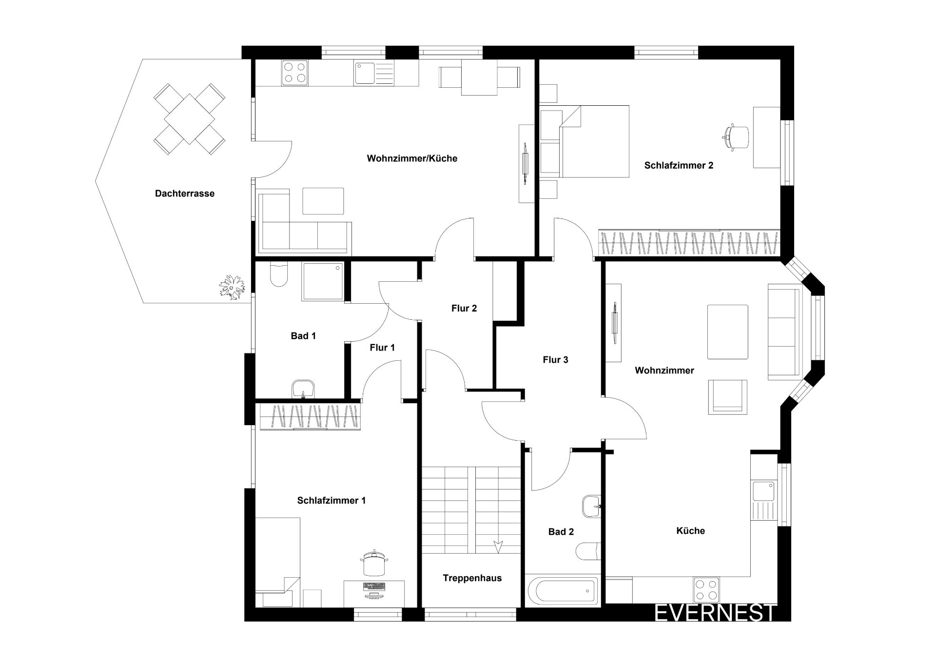 Grundriss einer Wohnung mit zwei Schlafzimmern, zwei Bädern, Wohnzimmer, Küche und Dachterrasse.