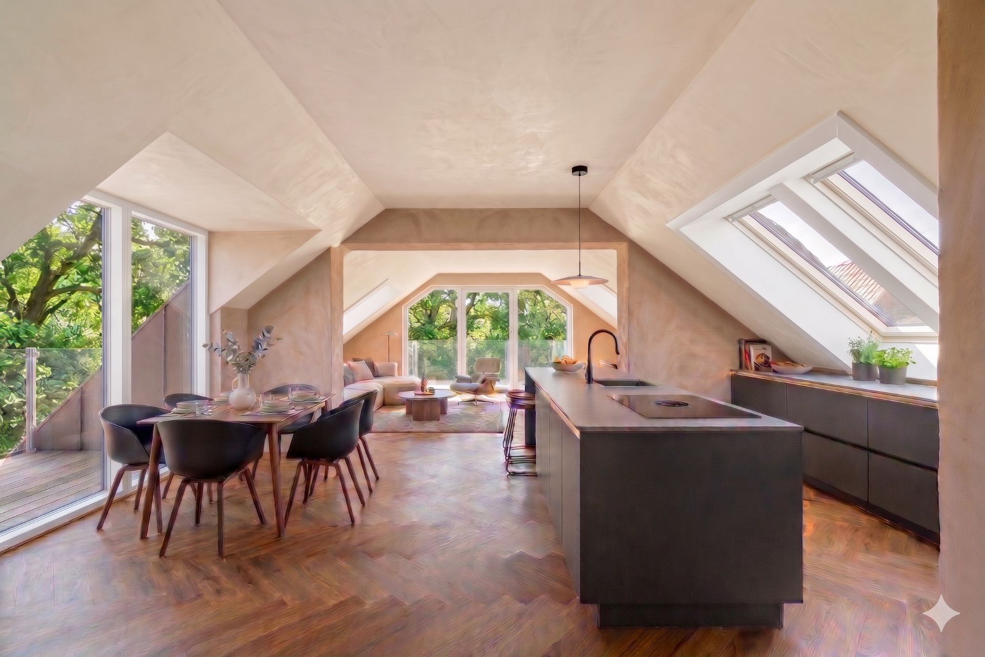 Moderne Dachgeschosswohnung mit Küche, Esstisch, Wohnbereich und großen Fenstern.