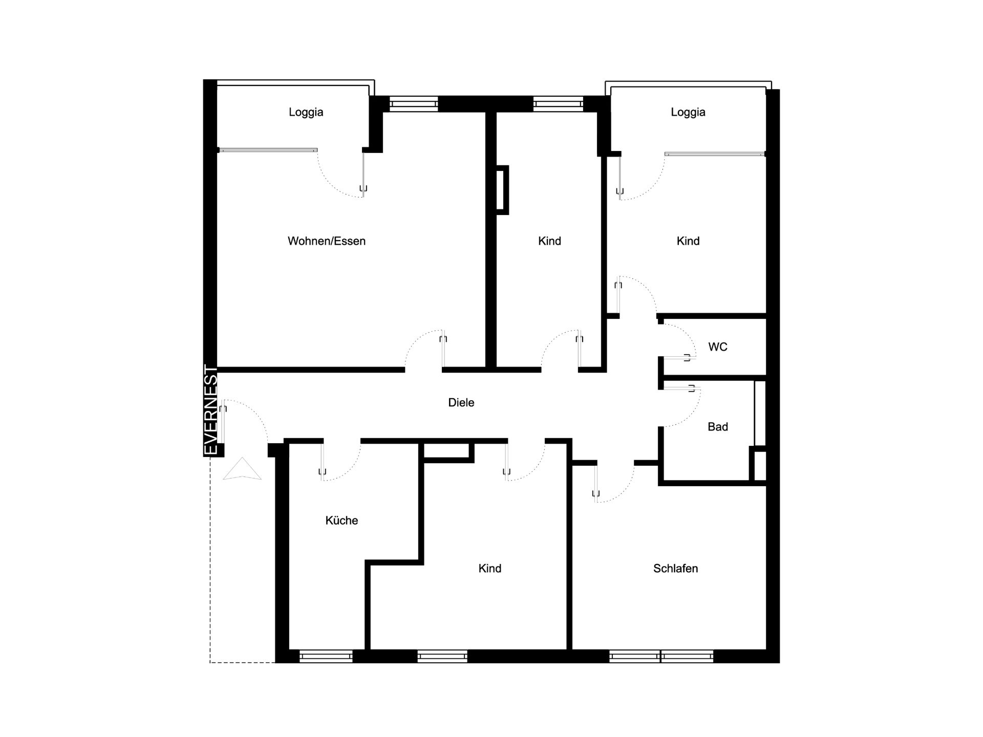 Grundriss einer Wohnung mit Wohnzimmer, Küche, vier Kinderzimmern, Schlafzimmer, Bad, WC und zwei Loggien.