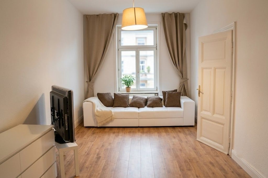 Helles Wohnzimmer mit weißem Sofa, braunen Kissen, Fernseher und großem Fenster mit Vorhängen.