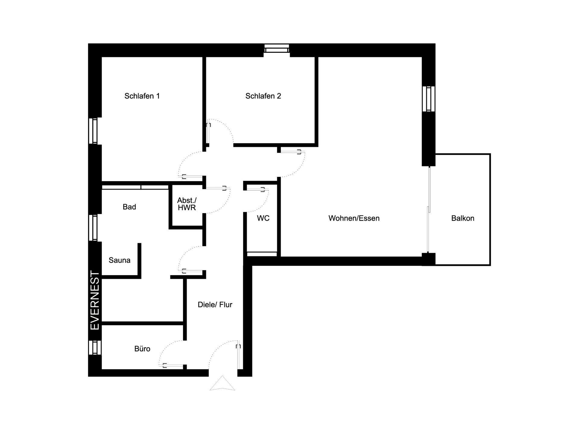 Grundriss einer Wohnung mit zwei Schlafzimmern, Büro, Sauna, Bad, WC, Wohn-/Esszimmer und Balkon.