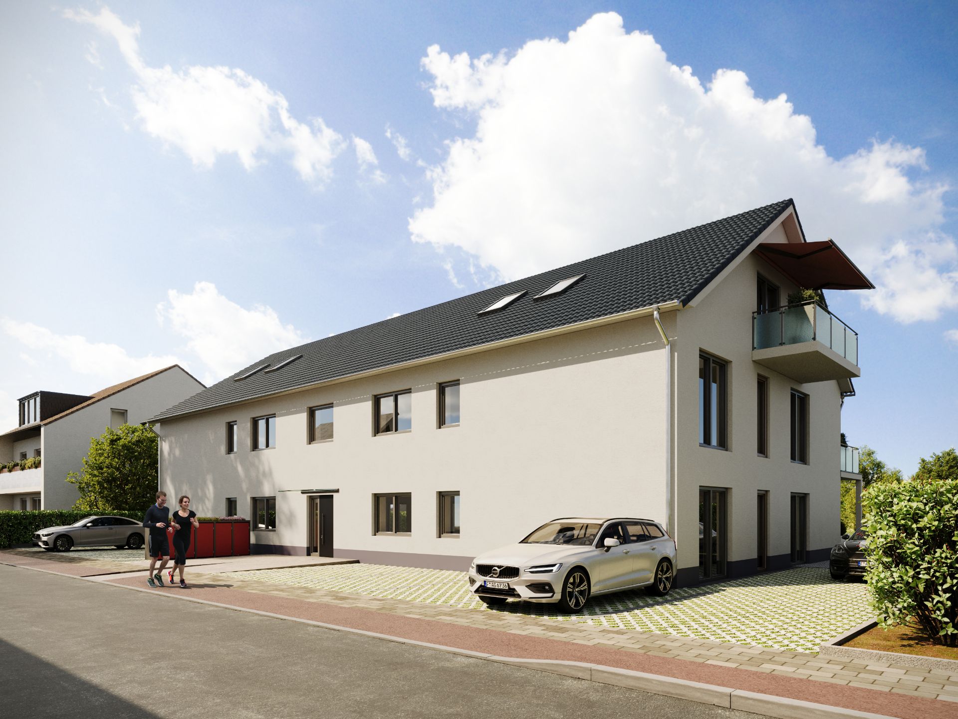 Modernes Wohnhaus mit dunklem Dach, geparktem Auto und zwei Personen vor dem Gebäude.