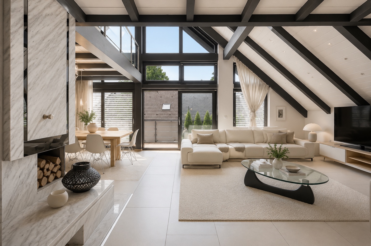 Modernes Wohnzimmer mit Sofa, Glastisch, Kamin und großen Fenstern unter einem schrägen Dach.