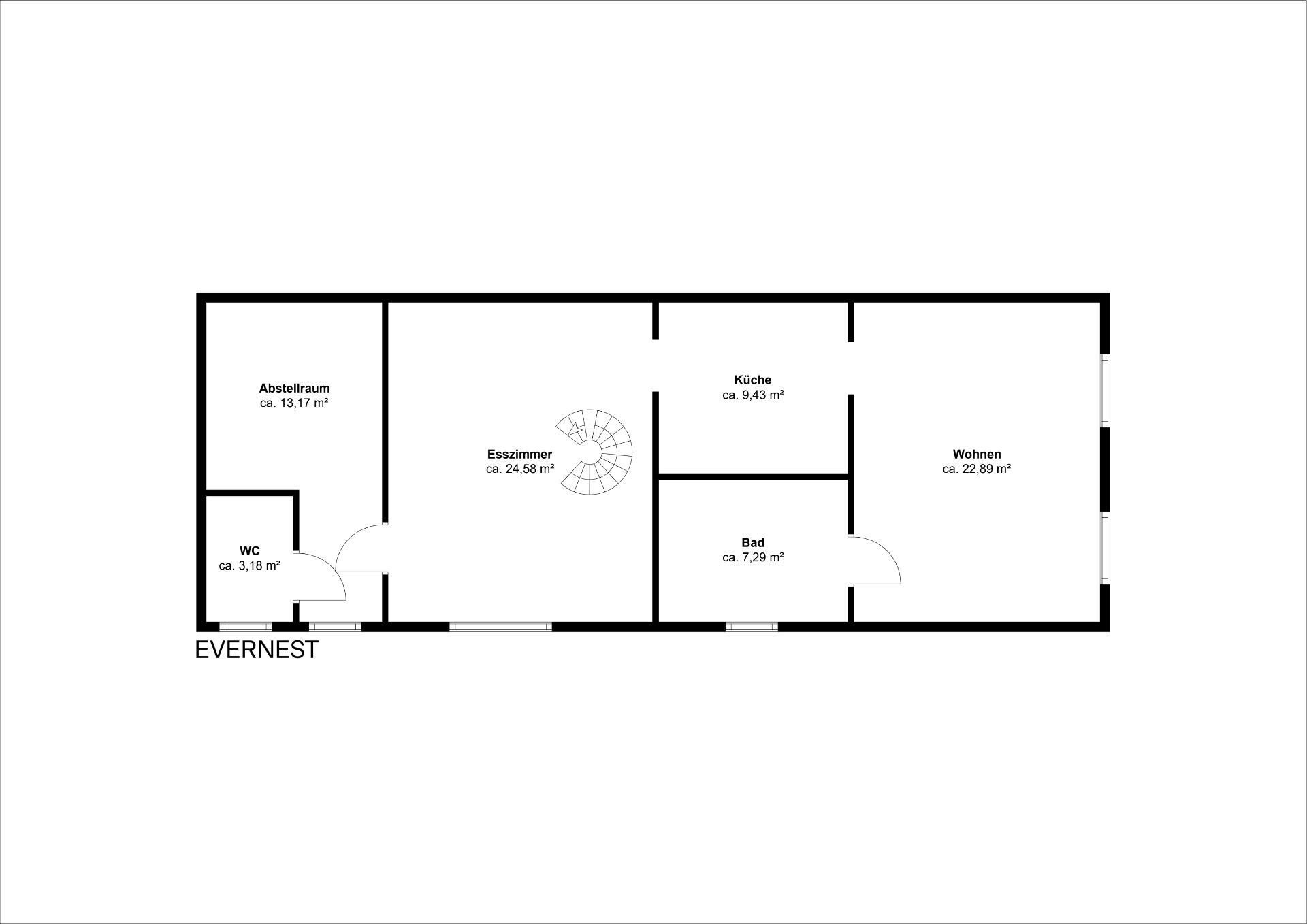 Grundriss einer Wohnung mit Zimmern, Bad, WC, Küche, Abstellraum und Esszimmer.