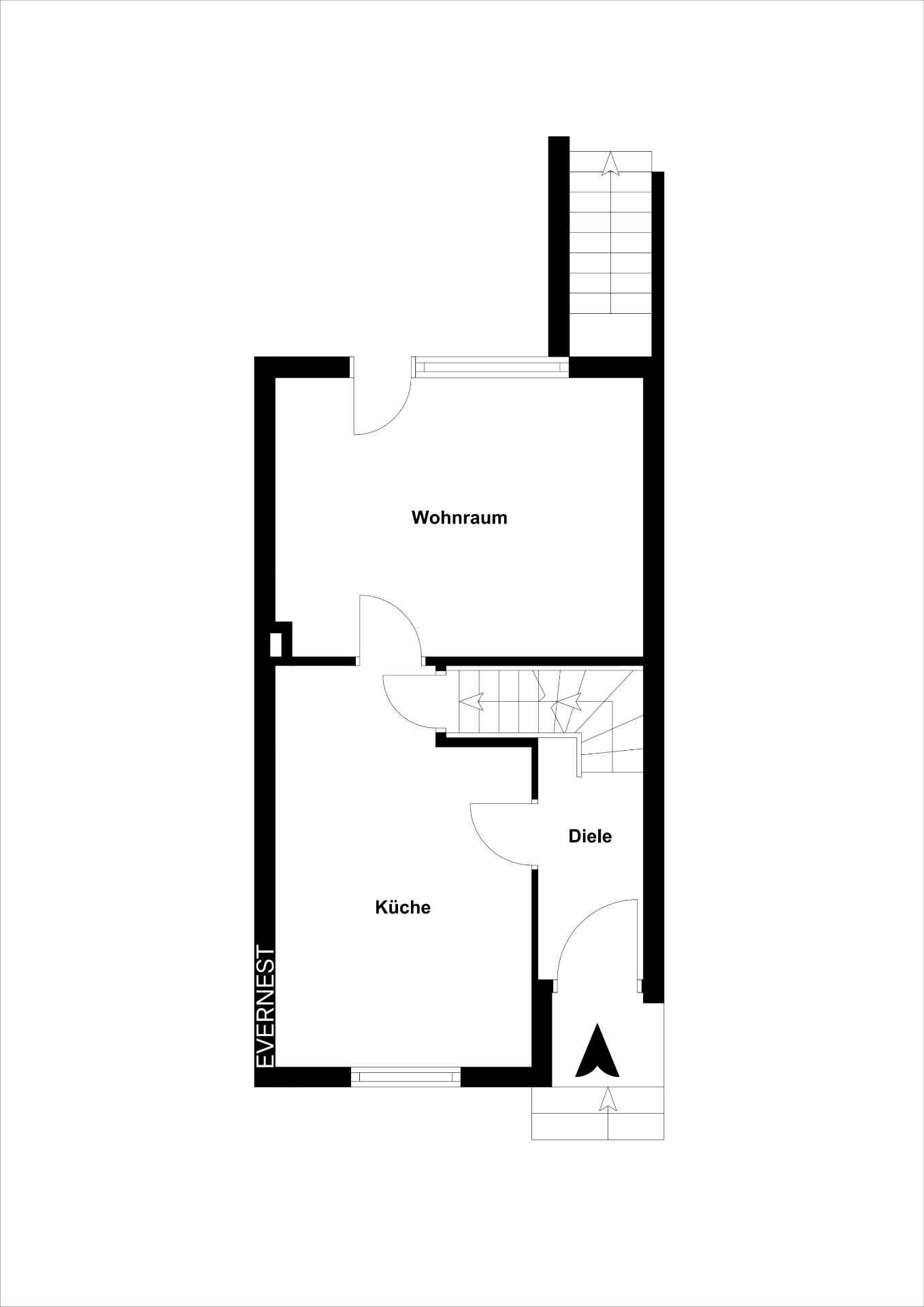 Grundriss mit Wohnraum, Küche, Diele und Treppe, Eingangsbereich unten abgebildet.