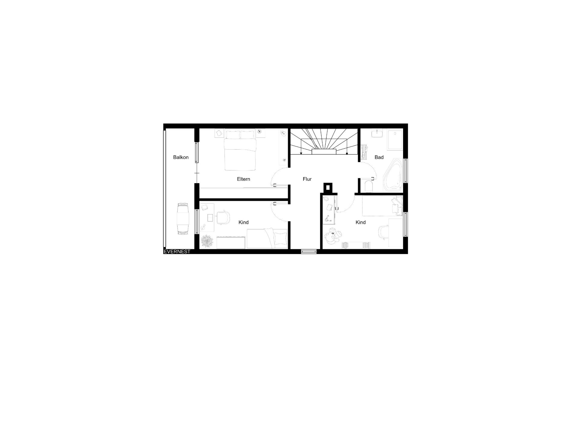 Grundriss mit Schlafzimmer, zwei Kinderzimmern, Bad, Flur und Balkon.