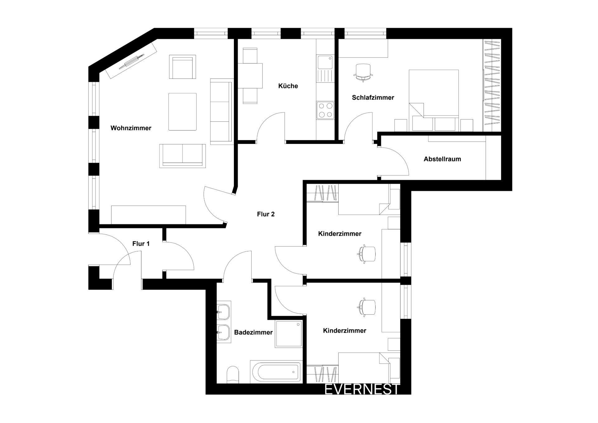 Grundriss einer Wohnung mit Wohnzimmer, Küche, Schlafzimmer, zwei Kinderzimmern und Badezimmer.
