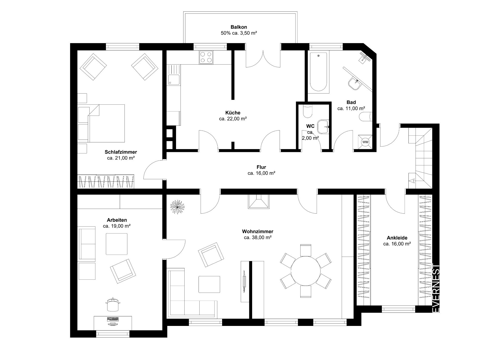 Grundriss einer Wohnung mit Schlafzimmer, Wohnzimmer, Küche, Bad, WC, Ankleide, Arbeiten und Balkon.