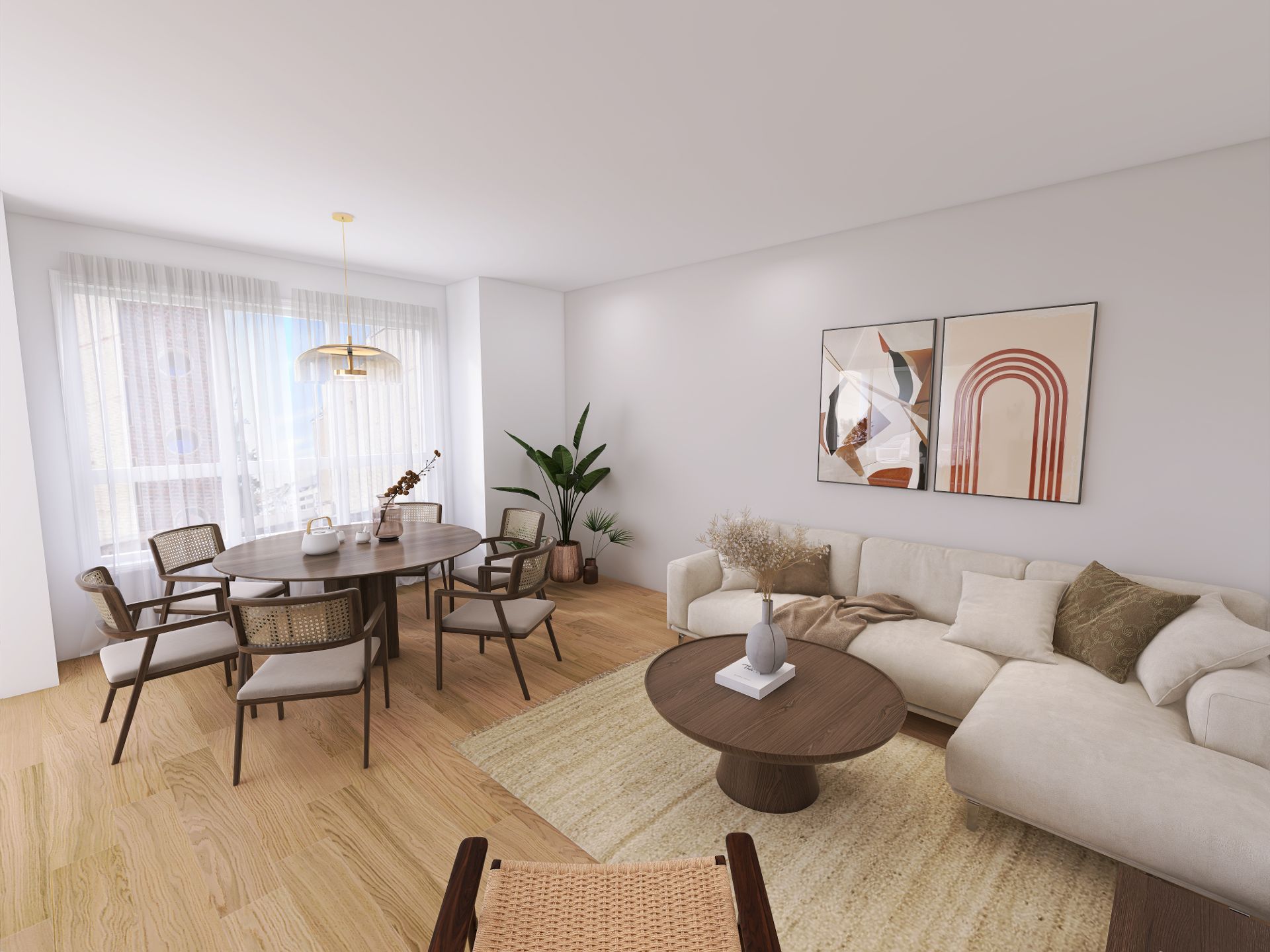 Helles Wohnzimmer mit Esstisch, sechs Stühlen, Sofa, Couchtisch und großen Fenstern.