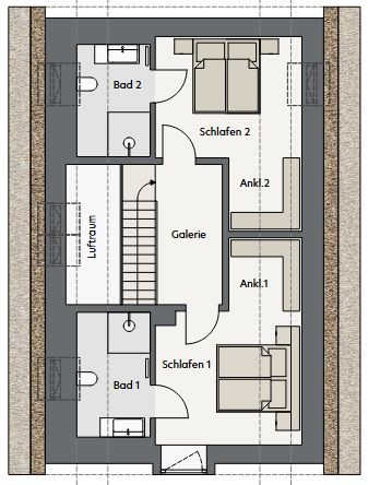 Grundriss mit zwei Schlafzimmern, zwei Bädern, zwei Ankleiden, Galerie, Luftraum und Treppe.