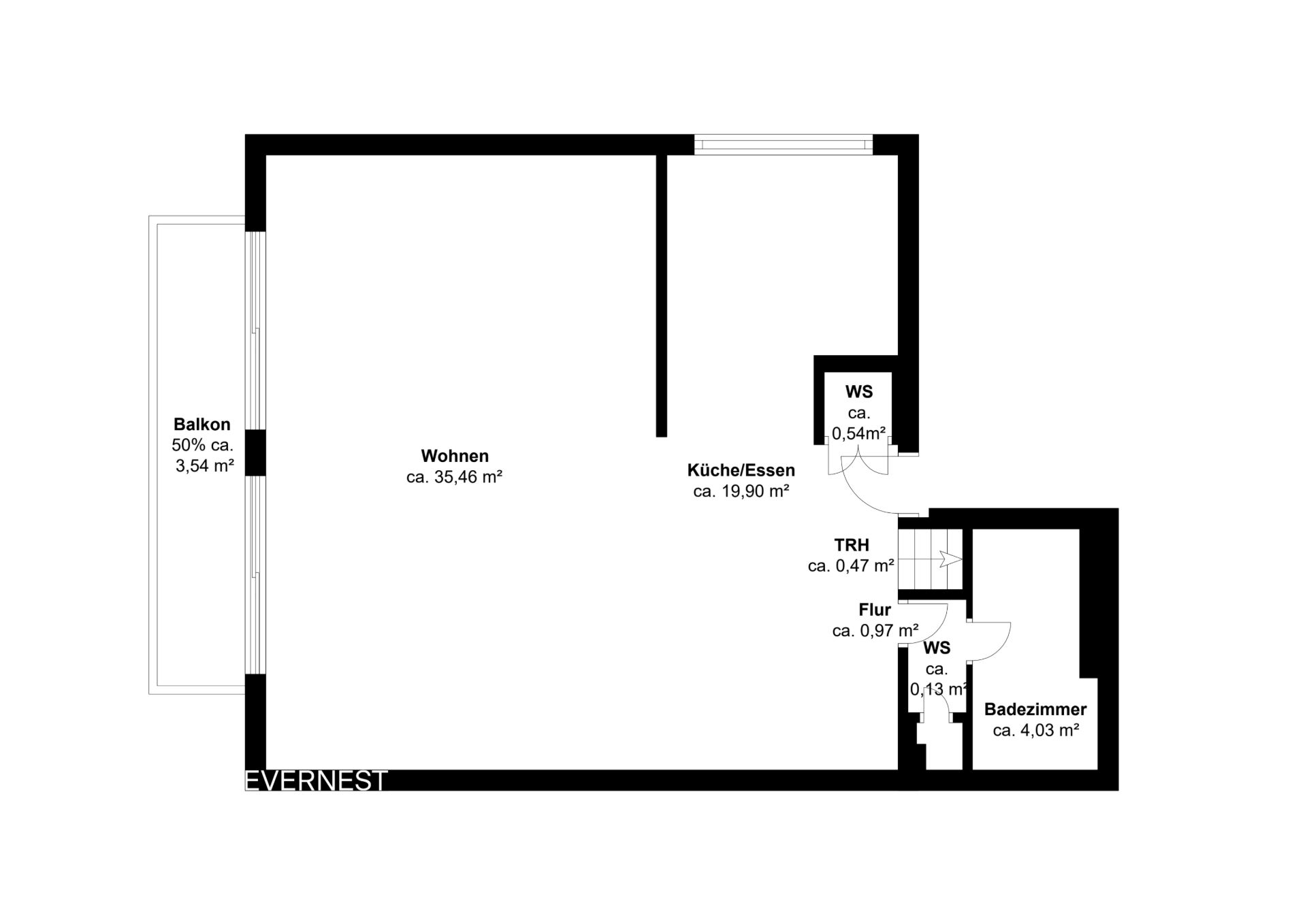 Grundriss einer Wohnung mit Balkon, Wohnzimmer, Küche/Essbereich und Badezimmer.