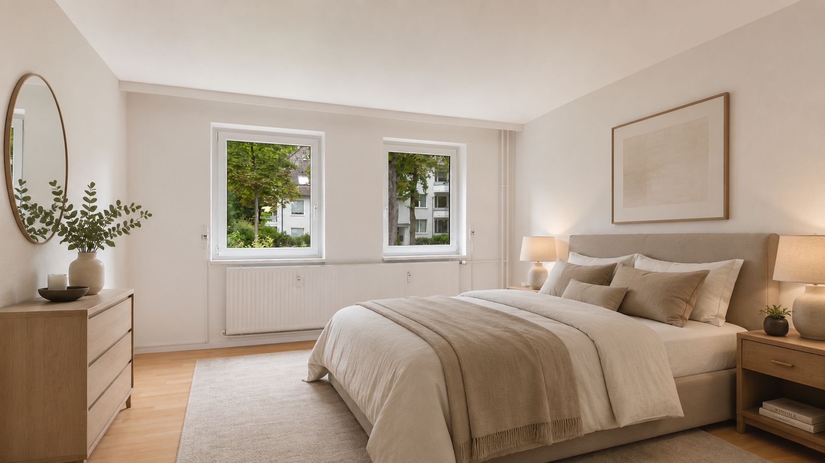 Helles Schlafzimmer mit Doppelbett, zwei Fenstern, Kommode und Nachttischen mit Lampen.